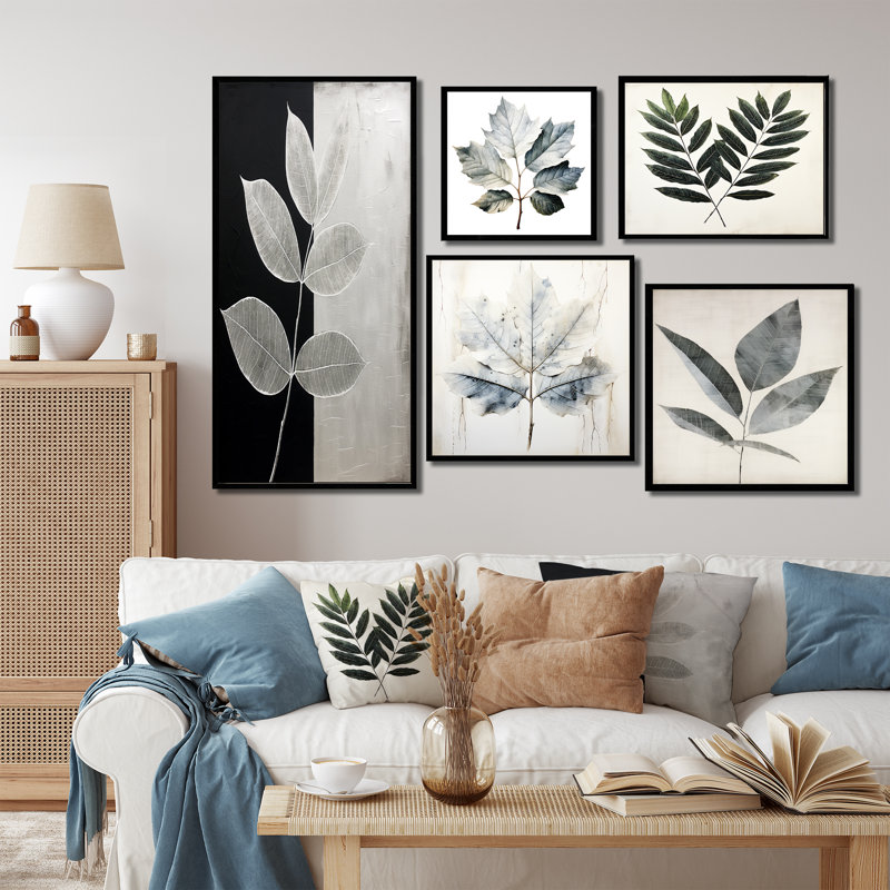 Laisser la silhouette en argent I - feuilles, ensemble de 5 impressions sur toile, Cadre flottant noir