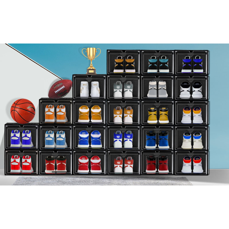 6 Pack Stackable Large Shoe Containers Shoe Storage Box with Hard Plastic Drop Front for Sneakers, Black