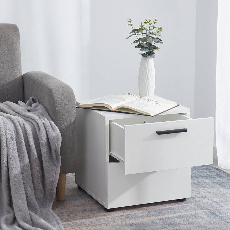 White Chipboard 2-Drawer Nightstand with Black Handles