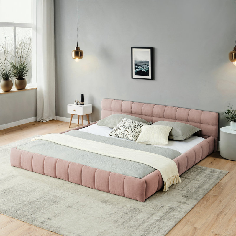 Pink Upholstered King Bed Frame, Platform With Thick Chenille, Headboard, Modern Simple Bedroom Sleep Comfort Relax Ambiance