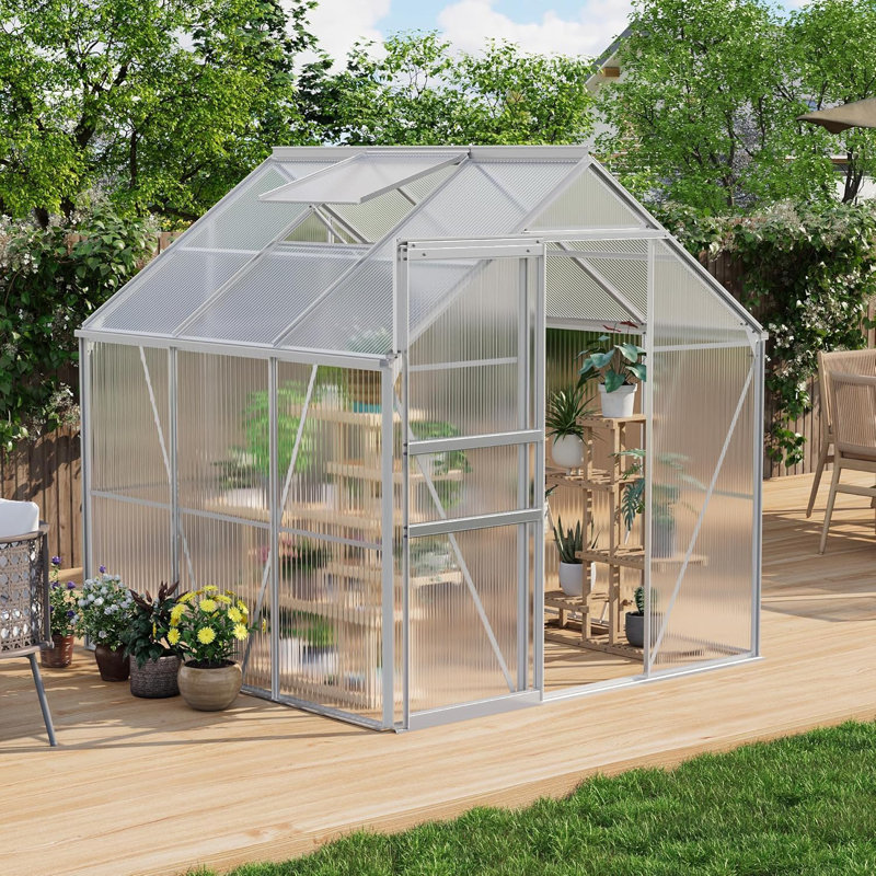 6x6 FT Walk-in Polycarbonate Greenhouse, Aluminum Frame, Sliding Door, Roof Vent, Outdoor Garden Shed, Silver