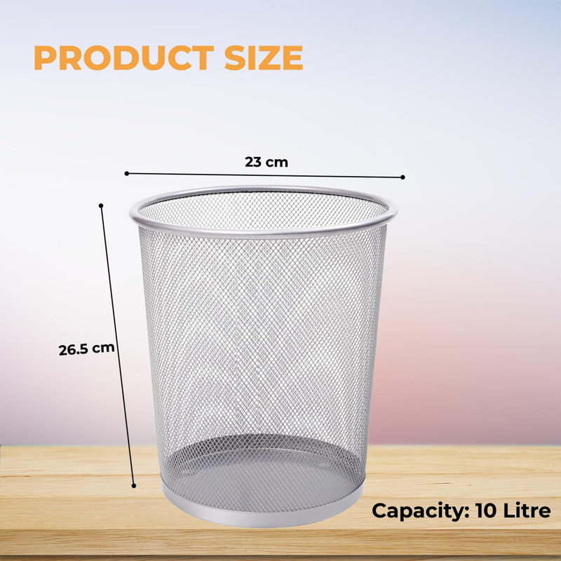 Bensonhurst Silver Round Metal Mesh Open Waste Paper Bin Lightweight Circular Mesh Trash Can (12L)