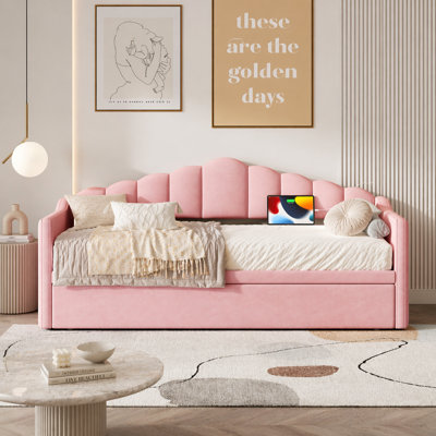 Upholstered Twin Size Daybed with Adjustable Height Pop Up Trundle Twin Bed and USB & Type-C Charging Port, Day Bed Frame with 2 Side Pockets