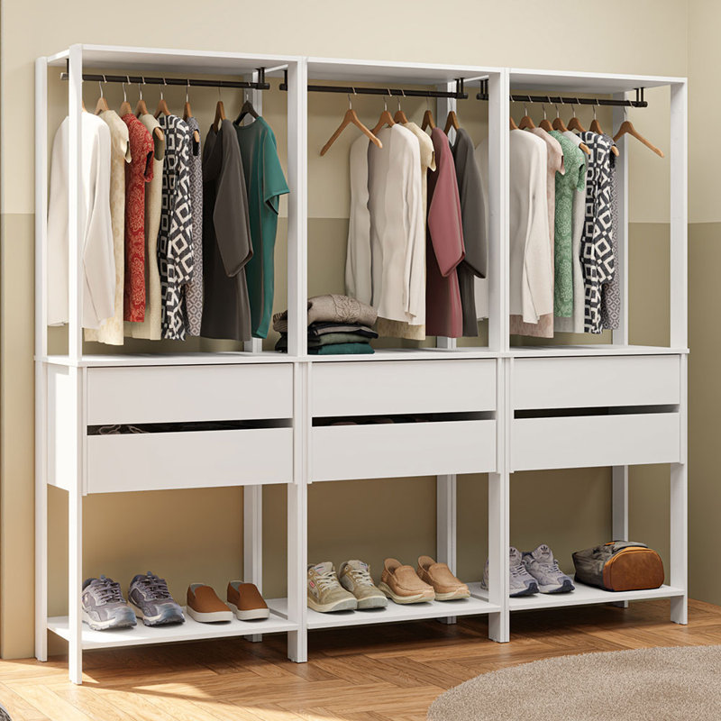 Madesa Wardrobe Clothes Storage Rack with 6 Drawers and Hanging Spaces 82"L Multiuse Modular Cabinet for Bedroom Organization - White