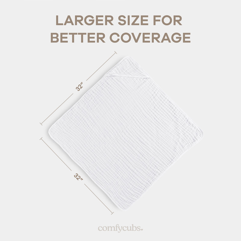 Comfy Cubs Hooded Baby Towel, Large 32 x 32 Inch - 6 Layer 100% Muslin Cotton - Soft & Absorbent Baby Bath Towels, White, 1