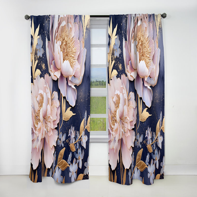 Pivoines roses sur fond bleu - rideau occultant floral - 1 panneau, L 52 po x L 120 po