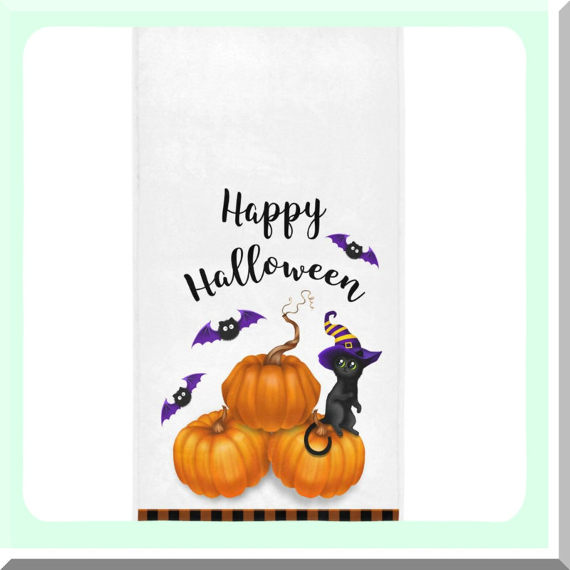 Autumn Harvest Soft Absorbent Hand Towels - Black Cat, Pumpkins & Bats Design, 16x30 in, Perfect for Fall Bathroom & Kitchen Decor
