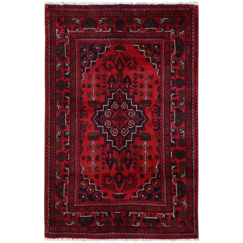 Tapis oriental 3 pi 3 po x 5 pi 1 po rouge cramoisi, Andkhoy afghan avec médaillon géométrique, laine douce et veloutée, noué à la main