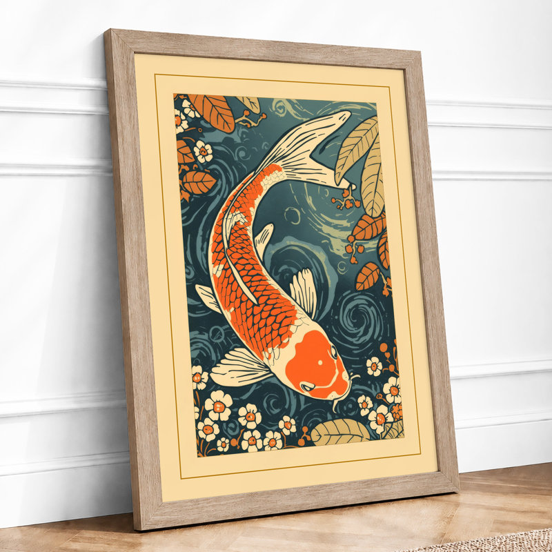 Koi Among Water Blossoms Japandi - Framed Print, A4 - 29.7 x 21.0 cm, Oak