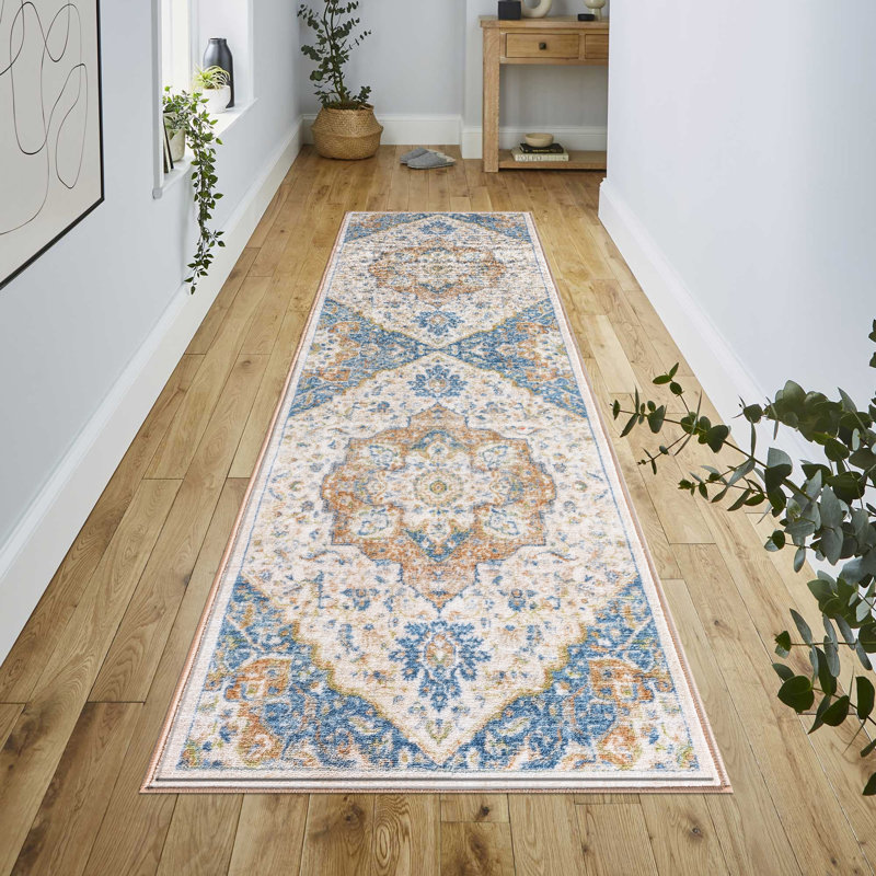 Lyanne Washable Non-Slip Medallion Blue Area Rug, Runner 2'2" x 7'