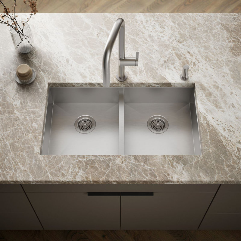 Vault 33" L x 22" W x 6-5/16" Double-Equal Dual-Mount Kitchen Sink with 4 Faucet Holes