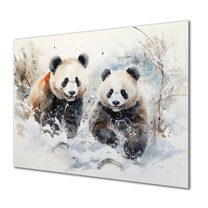 Panda jouant dans un paysage d'hiver - Ours 2, art mural en métal, H 30 po x l 40 po x P 1,5 po