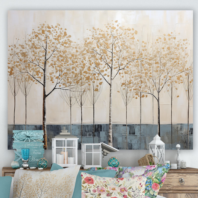 Minimalisme, scène d'arbres bleus et or I sur toile, Toile tendue, H 30 po x l 40 po x P 1,5 po