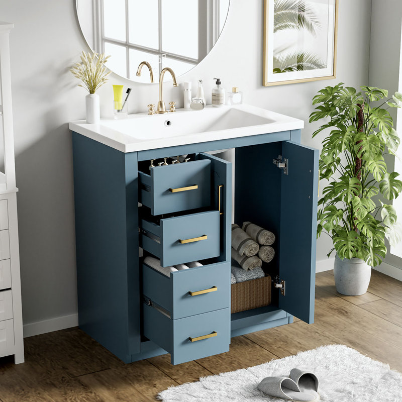 Bathroom Vanity with Ceramic Sink with 3 Drawers& Soft Closing Doors, Indigo