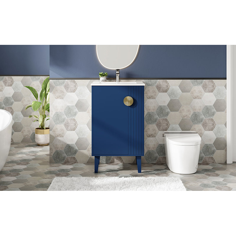 Ensemble de meuble-lavabo sur pied 20 po avec lavabo en céramique, Bleu
