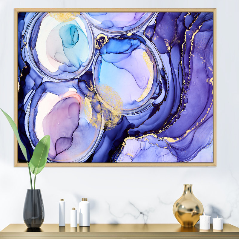 «Blue and Turquoise Luxury Abstract Fluid Art», peinture sur toile, H 16 po x l 32 po x P 1 po, Cadre flottant en érable
