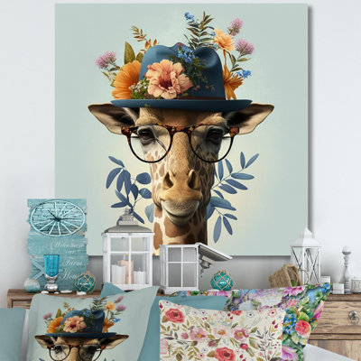 Portrait de girafe avec des lunettes et un chapeau