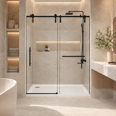 Porte de douche coulissante sans cadre de 112 à 122 cm de largeur x 193 cm de hauteur, avec verre trempé transparent de 8 mm et quincaillerie en acier inoxydable noir mat