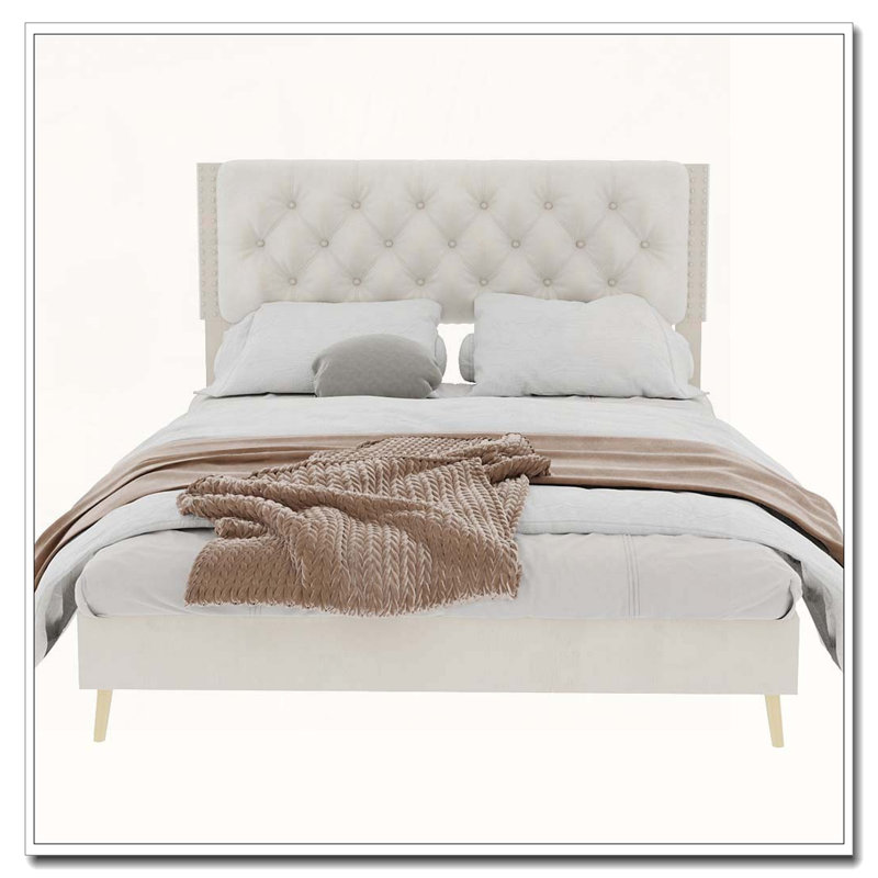 Structure de lit en velours, Beige, Grand lit