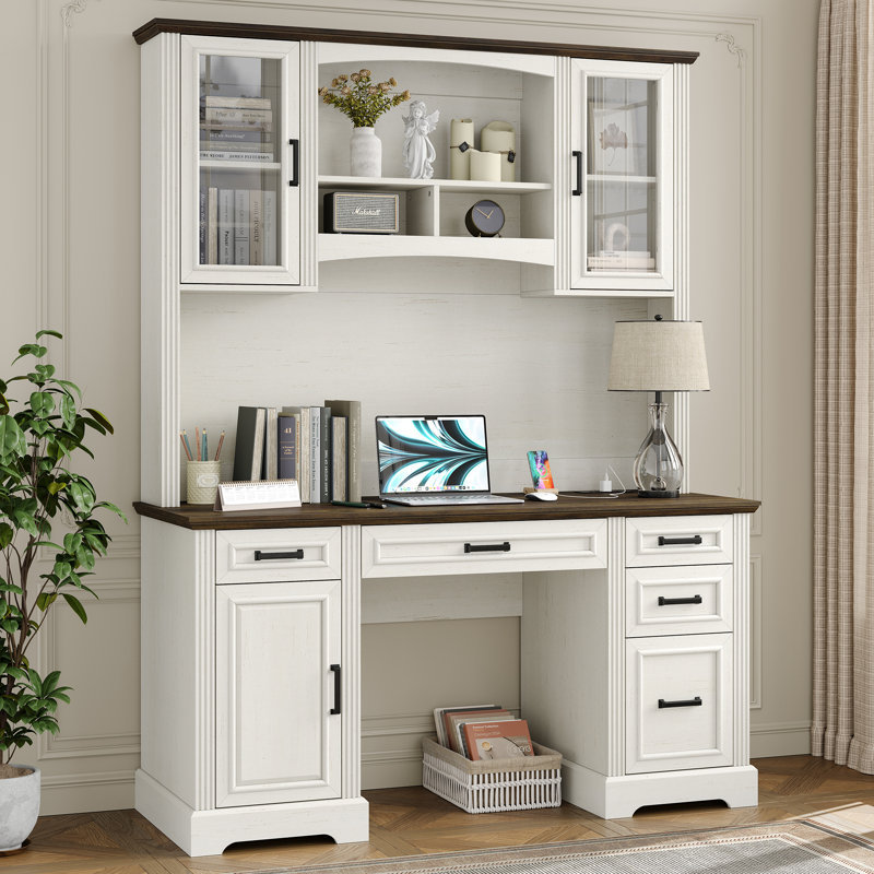 Denanne 58'' W Computer Desk with Outlet and Hutch for Home Office, Brown