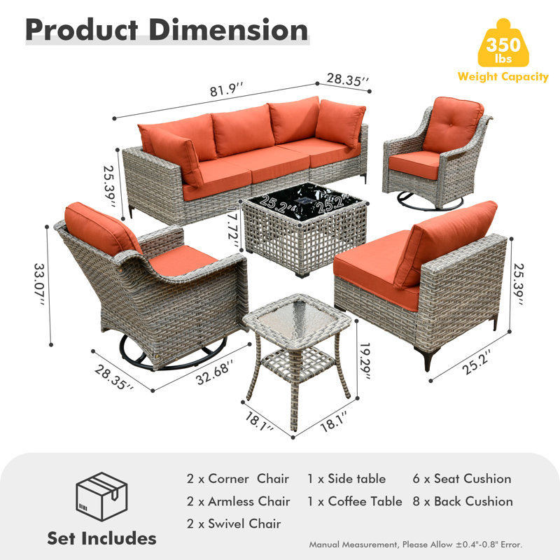 High Quality Pe Rattan Outdoor Sofa With Coffee Table And Rocking Chair 8-Piece Set, Orange Stable