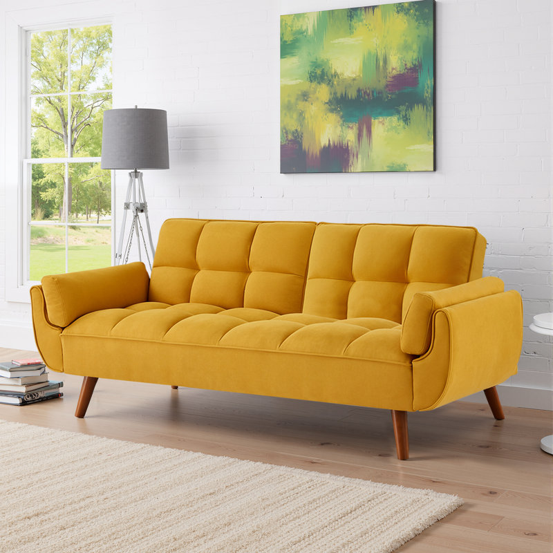 Kamaren Full 75.39" Futons Upholstered Convertible Sofa, Citrus Yellow Polyester Blend