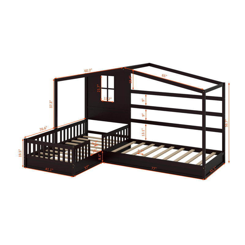 Wood House Bed, Solid L Structure with Fence and Slatted Frame for Sturdy Support and Elegant Design, Espresso
