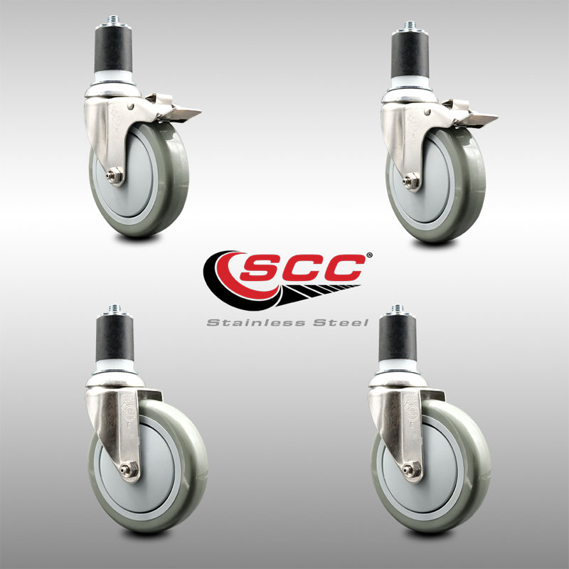 Poly Swivel Expanding Stem Caster Set with 2 Lock Brake, 5" H x 5" W, Gray