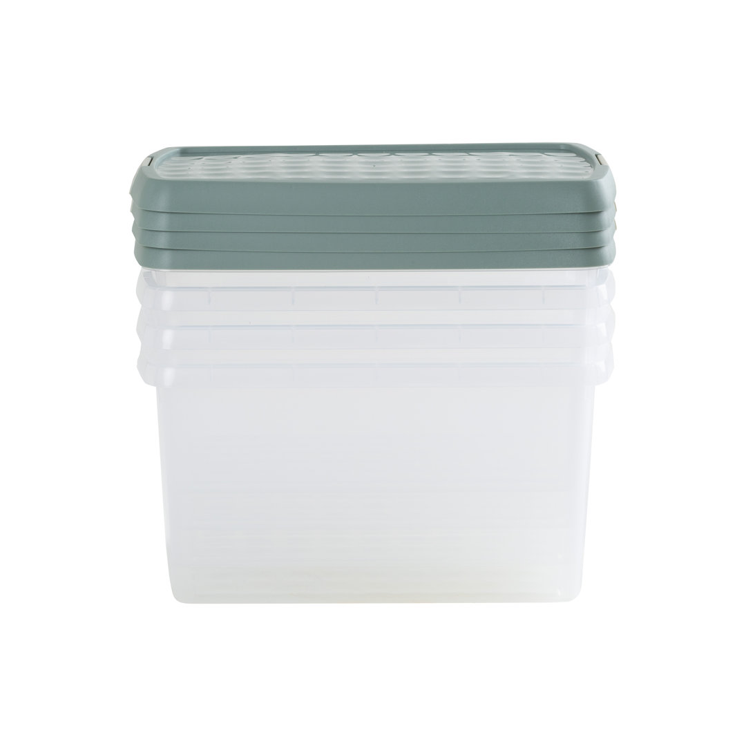 Wham Clip 4x 7L Rectangular Plastic Storage Boxes with Secure Clip Lock Lids. L:39 x W:24 x H:10.5cm Clear/Green Milieu/Stone