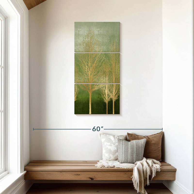Arbres dorés sur panneau I, H 44 po x l 21 po