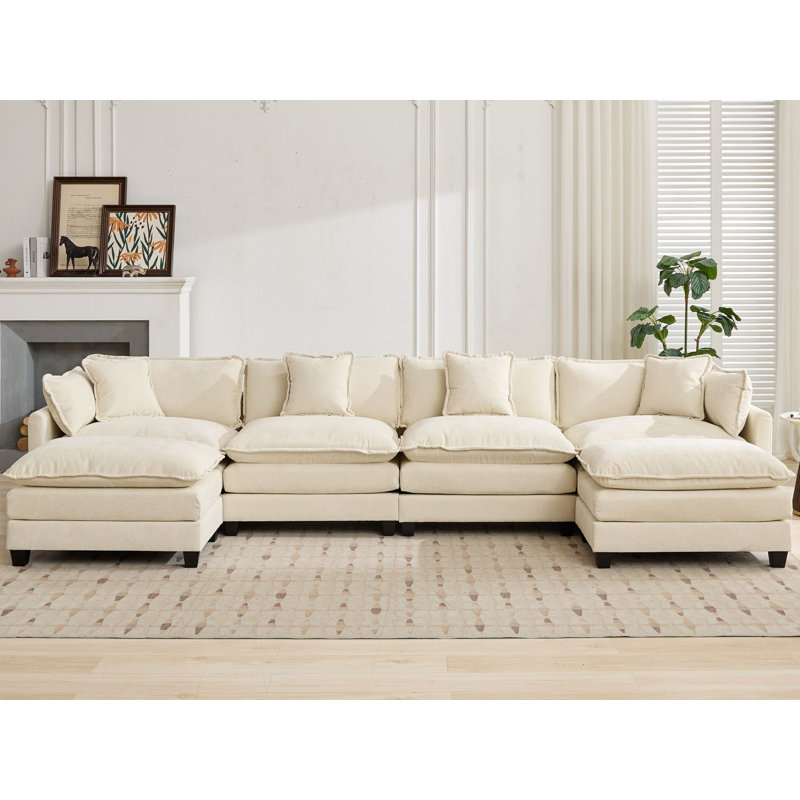 Schmucker U Shaped Modular Sectional Sofa, Oversized Cloud Couch With Ottoman, Beige Chenille, 33" H x 149.6" W x 35" D