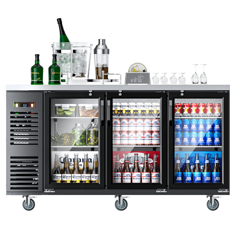 Coolake 72 po 21,6 pieds cubes Glacière commerciale à hauteur de comptoir avec 3 portes en verre et plateau en acier inoxydable noir