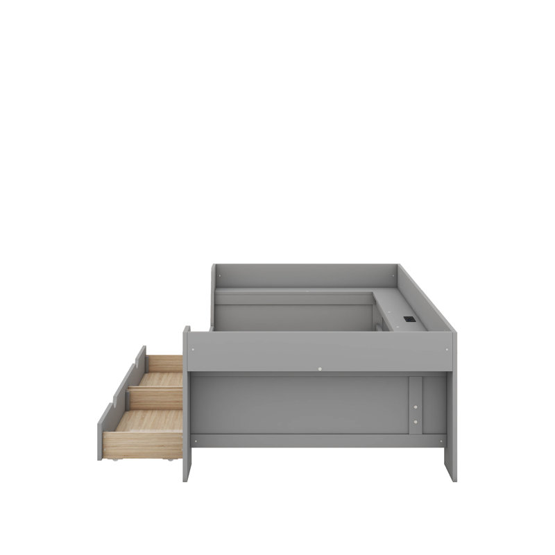 Lit de jour simple avec tablettes, tiroirs et station de charge, Gris