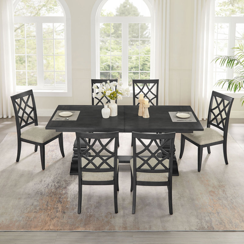 (1 table + 6 chaises) Ensemble de table de salle à manger extensible en bois de 102,07 pouces pour 6 personnes, table de salle à manger incurvée, grande table de cuisine moderne et chaises rembourrées