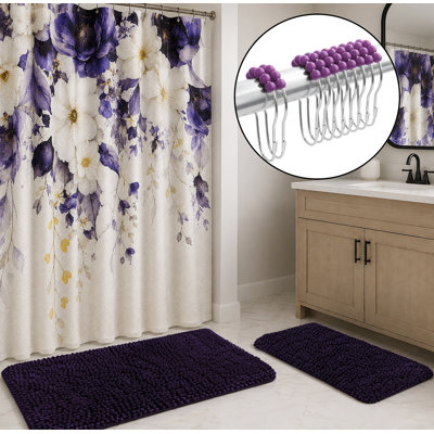 Purple Plush Thick Chenille Bath Mat with Floral Shower Curtain & Hooks - 15 Piece Set