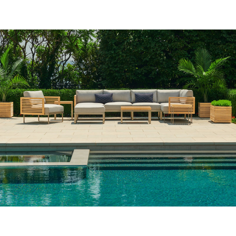 Outdoor Furniture Monterey 4 Seater Patio Chat Set with Coffee Table & Side Table, Stainless Steel/Natural Teak