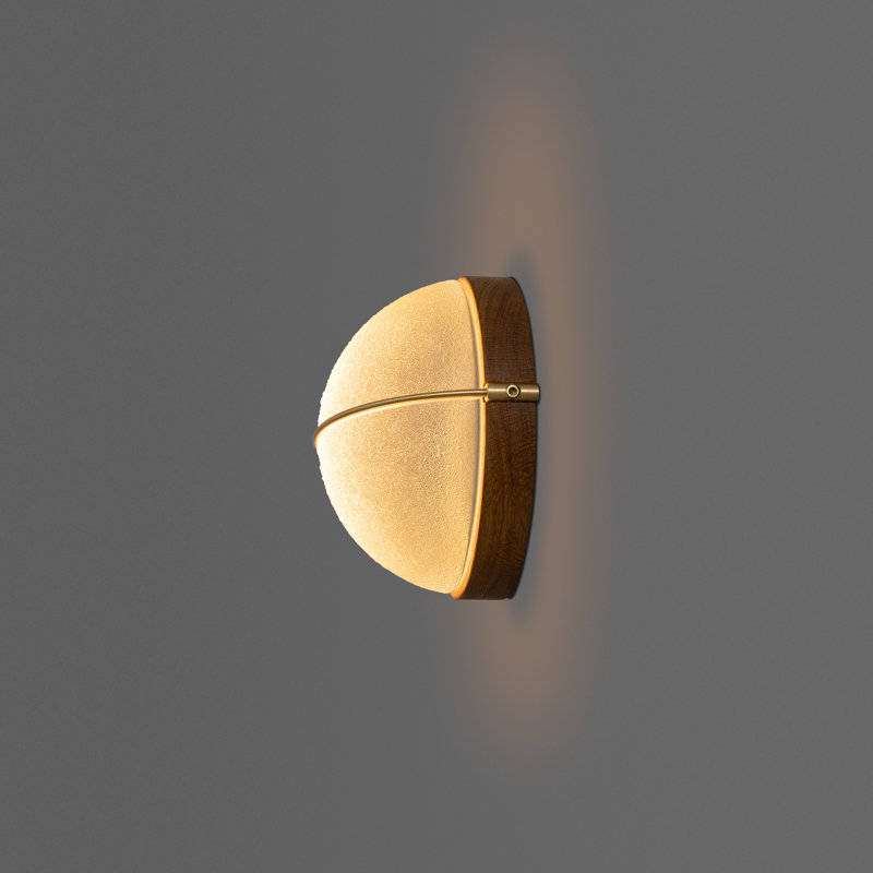 Sona LED Wall Sconce - Satin Distressed Brass Metal - Dark Stained Walnut Wood Disc - 2700K, 4000K - Bright White, White Oak