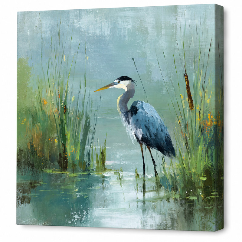 «Golden Marsh Heron», art mural sur toile tendue | Bureau de chambre à coucher avec imprimé nature côtière pour salon