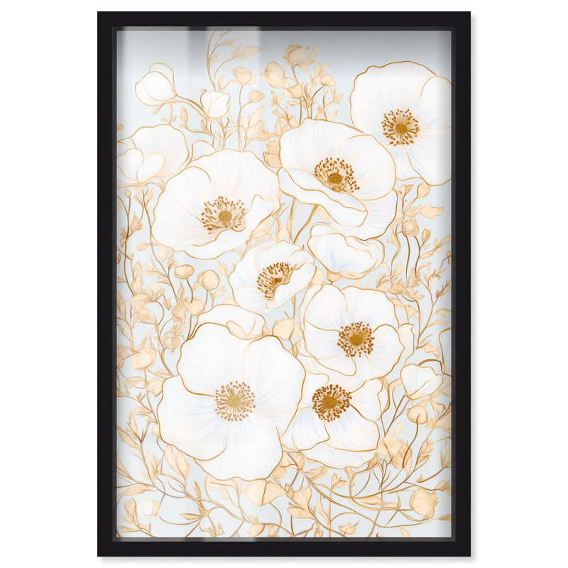 «White and Gold Poppies I Shadowbox Print», art floral élégant par Art Remedy, H 31 po x l 21 po, Noir, noir, noir, noir