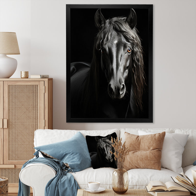«Black White Horse Portrait Vibrant», reproductions d'art mural animaux, H 20 po x l 12 po x P 1 po, Cadre photo noir