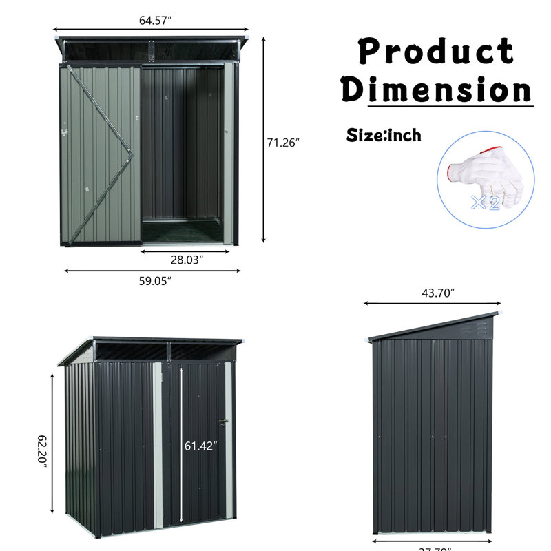 Gray 5ft X 3ft Outdoor Metal Storage Shed, Galvanized Iron Structure For Reliability, Transparent Panel, Hinged Door, Simple Build Process Shed In Gray, Strong And Long-lasting Construction, Plate,