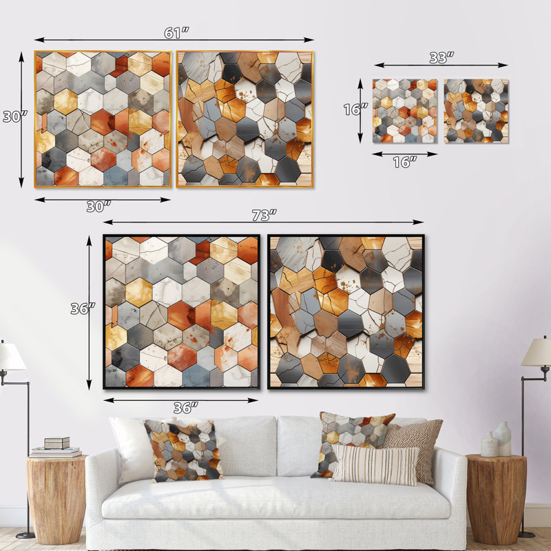 Sera - Ensemble de 2 collages carrés à formes abstraites, Cadre flottant doré, H 36 po x l 73 po