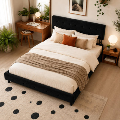 Tufted Upholstered Platform Bed with Pillow Headboard and Slat Support