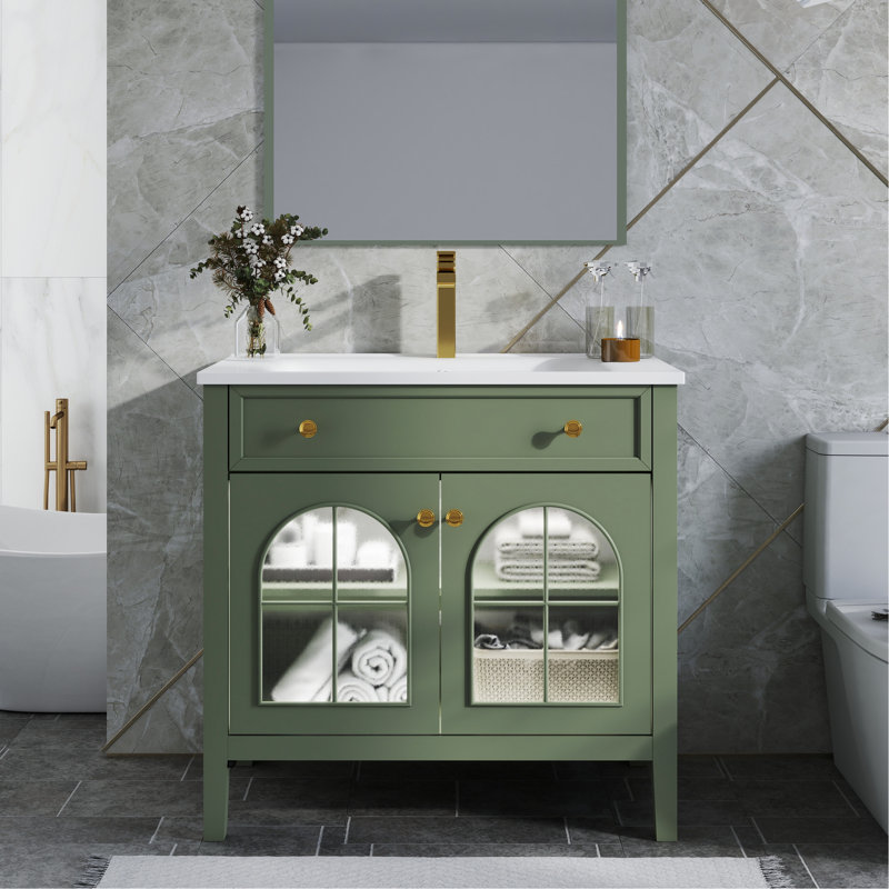 Armoire de meuble-lavabo haut de gamme de 36 pouces, verre, lumières activées par le mouvement, grand espace de rangement pour tiroir rabattable