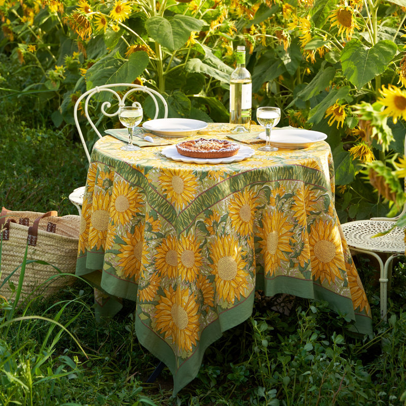 Sunflower Handmade Floral Tablecloth, Yellow/Green, 90" x 90"