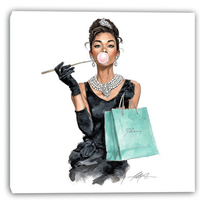 Chic Woman with Pearls and Shopping Bag Wrapped Canvas Wall Art