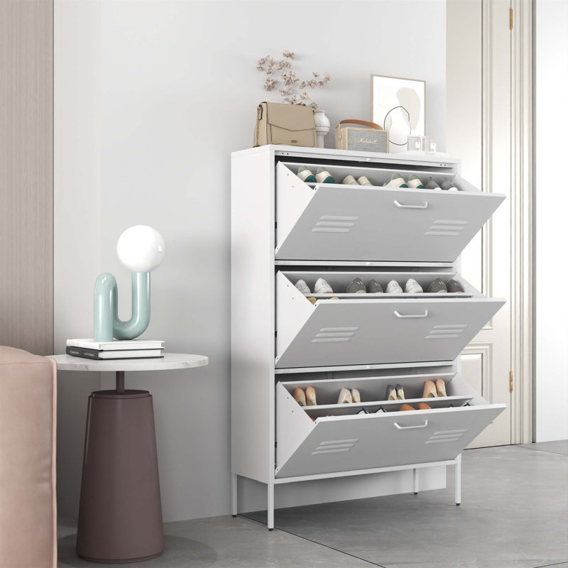 Armoire de rangement pour chaussures autoportante avec 3 tiroirs rabattables et une structure en métal, idéale pour les vestibules, les couloirs et les vestibules