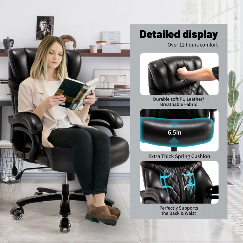 800lbs Big And Tall Office Chair, Ergonomic Executive Chair With Reclining Backrest, Spring Cushion Seat, Lumbar Support & Ergonomic Armrests For Office And Conference Room