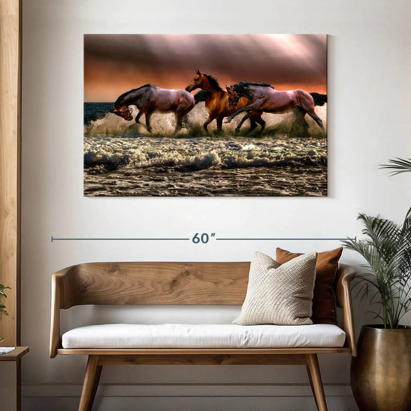 Foule de chevaux sur la plage, H 32 po x l 48 po