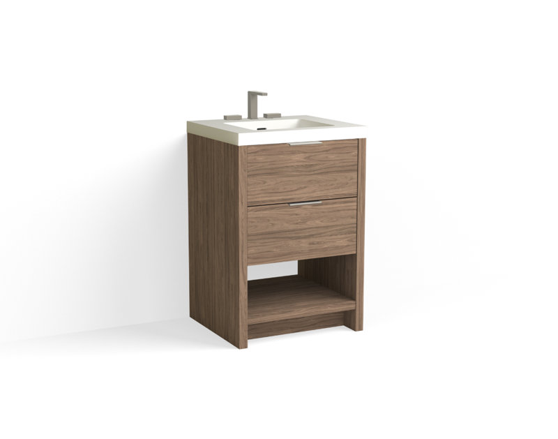 Vue 24" W Freestanding Single Bathroom Vanity, Matte White/8" Widespread, Satin Brass, Nocino